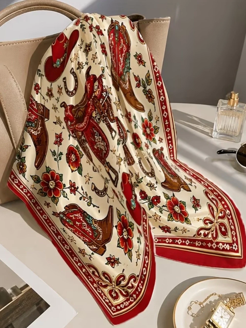Red Western Saddle & Cowboy Print Bandana Scarf